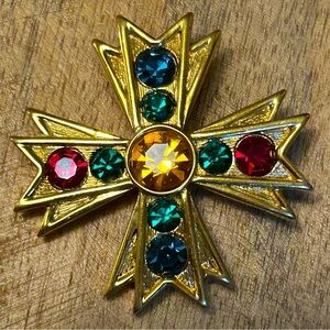 Napier Gold toned multicolor rhinestone Royalton Maltese Cross Brooch